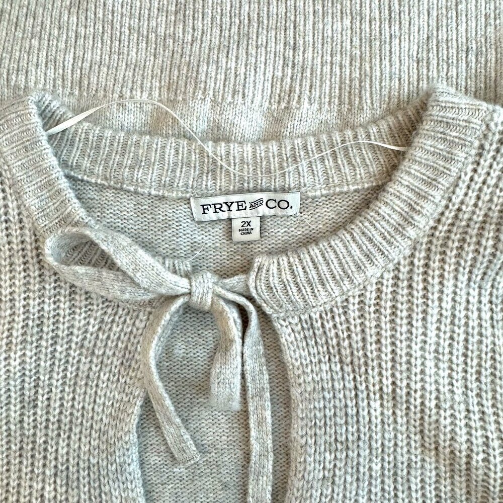 Frye & Co Tie‎ Neck Chunky Knit Sweater | Oatmeal Beige 2X | Cozy Boho Pullover - Picture 3 of 6